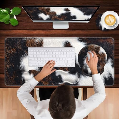 Mouse Pad,Large Pink Desk Mat, 4in1 XXL Mousepad + Keyboard Wrist Rest+Mouse Wrist Rest+Coaster Set with Ergonomic Desk Pad for Home Office Table Computer-Cute Cowhide Brown Black Cow