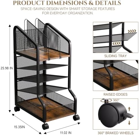 Rolling File Cart Under Desk Storage and Organizers 5-Tier Black