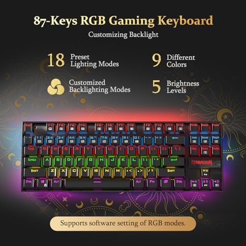 Redragon K552P Mechanical Gaming Keyboard TKL with 18 Backlight Modes, Hot-Swappable Red Switches, 87-Key Compact Ergonomic Design, N-Key Rollover & Software Programmable Macro - RGB, Black