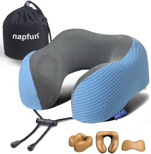 napfun Neck Pillow for Travel, Memory Foam Airplane Pillow, Sky Blue