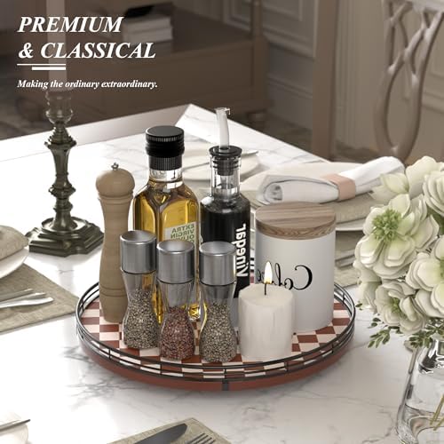 AMH 13-Inch Brown White Checkerboard Lazy Susan with Black Metal Rail