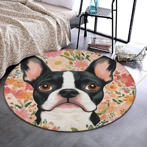 Highly Premium Quality Floor Mat, Office Chair Decor Mat, Room Sofa Yoga Soft Round Carpet Boston Terrier Floral, 60inch