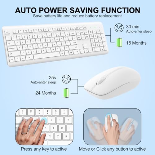 Wireless Keyboard and Mouse Combo, Full Size Silent Ergonomic Keyboard and Mouse, Long Battery Life, Optical Mouse, 2.4G Lag-Free Cordless Mice Keyboard for Computer, Mac, Laptop, PC, Windows(White)