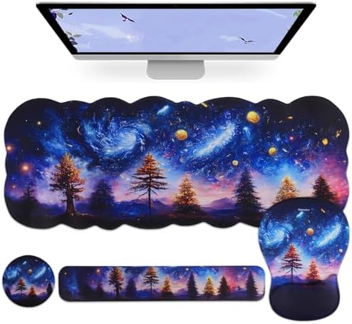 Petmolico Desk Pad Set with Wrist Rest for Keyboard & Mouse, Night Sky