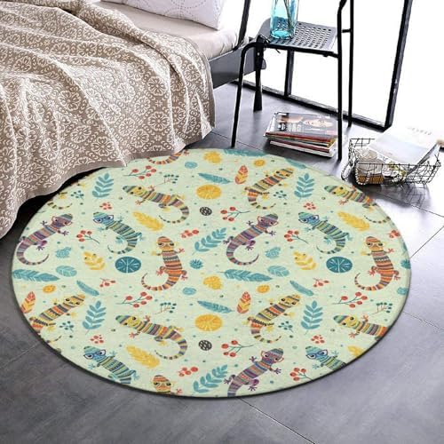 Soft Round Yoga Carpet, Large Home Decor Mat, Non Slip Machine Washable Kitchen Office Circle Rug Cartoon Lizard, 60inch