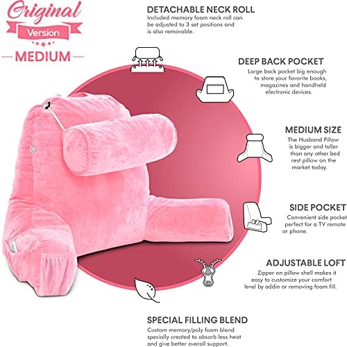 Husband Pillow Medium Reading Pillow with Arms - 23" Backrest for Sitting Up in Bed - Firm Support Bed Rest Pillow for Adults, Neck Roll, Removable Cover - TV, Reading, Lounging - Pink