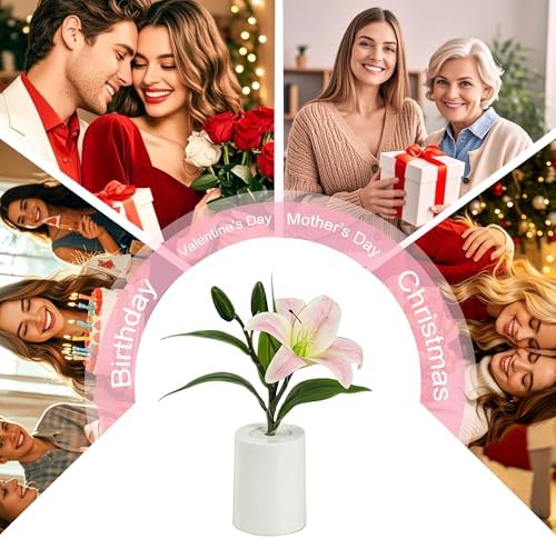 Artificial Pink Lily Lamp, Home Cafe Decor Light Birthday Gifts for Women