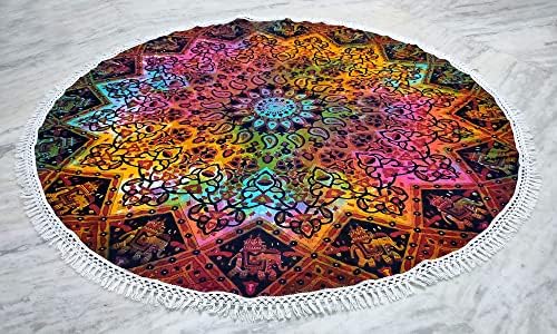 Round Beach Tapestry Turquoise Mandala Throw/Boho Hippie Beach Blanket Roundie/Indian Cotton Bohemian Large Round Table Cloth-Home Decor/Yoga Mat Meditation Picnic Rug (70", Multi Blue)