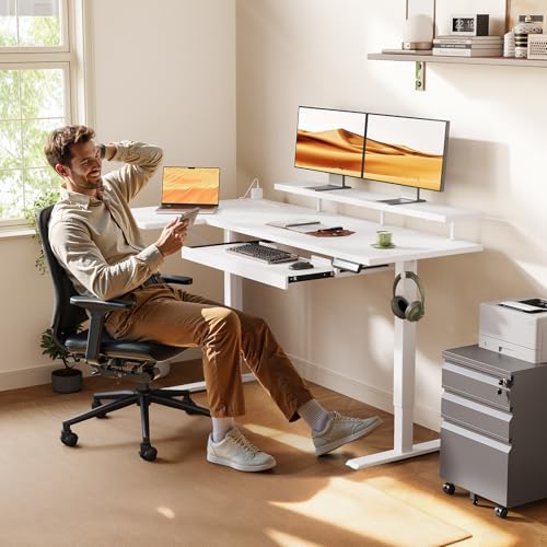 OffiGo 55 Inch Reversible L Shaped Electric Standing Desk, White