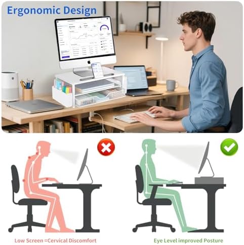 AUPSEN White Monitor Stand Riser, 2-Tier Wood Computer Desk Organizer with Drawer, Pen Storage & Phone Holder, Office Desk Accessories Desktop Organizer for Office Supplies (White)