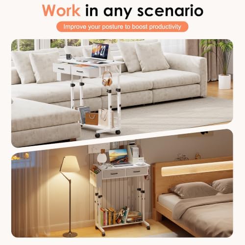 Standing Desk with Wheels, Adjustable Height Rolling Desk with 2 Drawers