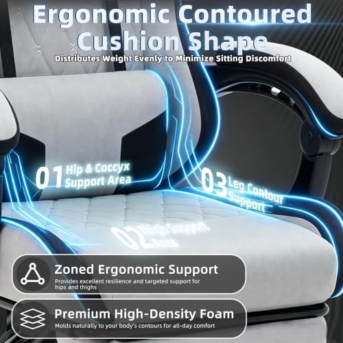 Gaming Chair for Adults, Fabric Gaming Chair with Footrest and Pocket Spring Cushion, Ergonomic Gamer Chair with Lumbar Support, Reclining Computer Gaming Chair with High Back, Grey