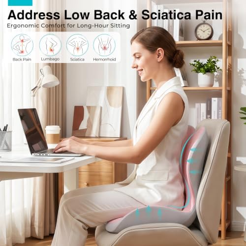 Seat Cushion for Office Chair and Car, L-Shaped Memory Foam Seat Cushions, Ergonomic Sciatica & Tailbone Pain Relief Cushion with Non-Slip Breathable Cover, Back Support for Office Chair-Pink Gray