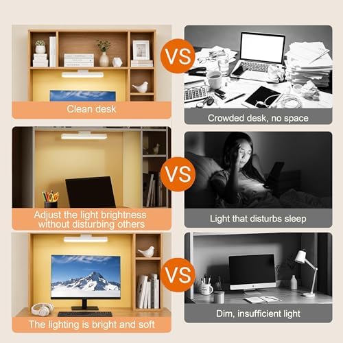 3 Tier Desktop Bookshelf with Rechargeable Eye-Friendly LED Desk Light, Desk Hutch Organizer with 5 Shelves, Wooden Desk Bookshelf for Office, Dorm and Small Space, Burlywood