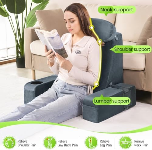 19 INCH Reading Pillow for Adults, Back Pillow for Bed Sitting Up, Backrest Pillow for Sitting in Bed, Detachable Arms with Built-in Cup & Phone Caddy (Dark Gray, 19 INCH)
