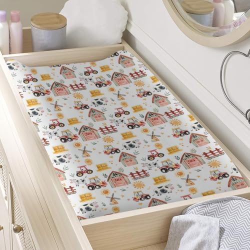 Watercolor Farm Life Cows Tractor Baby Changing Pad Cover, Unisex Farm Animals Nursery Diaper Changing Table Pad Mat Sheet for Boys Girls-16x32