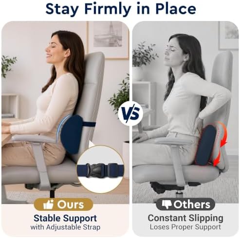Lumbar Support Pillow for Office Chair, Lower Back Pillow with Strap, Blue