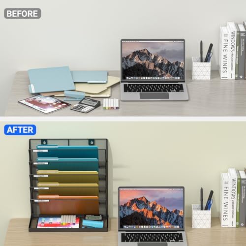Legal/Letter Size 6 Tier Wall File Organizer,2-in-1 Wall Mounted&Desktop File Holder,2 Installation Methods Screws & Adhesive,Mesh Document Organizer with Label Plate for Home Office