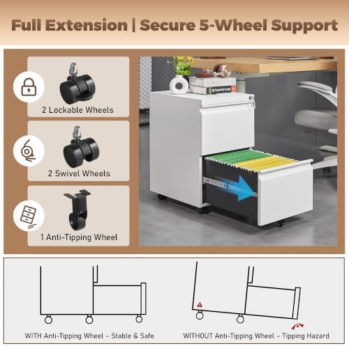 Guizeeopo Fully Assembled 2 Drawer File Cabinet, Locking Filing Cabinet with Anti-Tipping Wheels, Quiet Slide, Heavy-Duty Steel Construction, Fits A4 Letter Legal for Home Office, Matte White