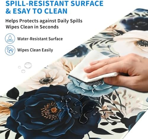 Extended Peony Florals Desk Mat, XL Large Gaming Mouse Pad, Elegant Flowers Boho Navy Blue Stitched Edges Waterproof Non-Slip Rubber Base for Computer Keyboard Laptop Work Home Office 31.5"x11.8"