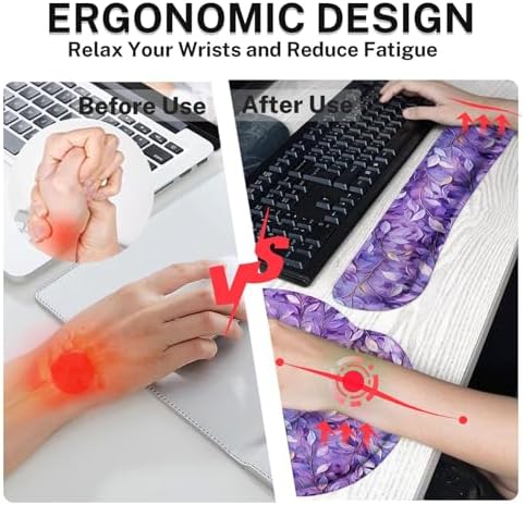 Britimes Keyboard Mouse Pad Set, 4 in 1 Desk Mat Set, Purple Leaves Oil