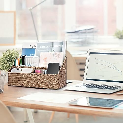 BTSKY Woven Storage Basket, Seagrass Desk Organizer with 4 Compartments