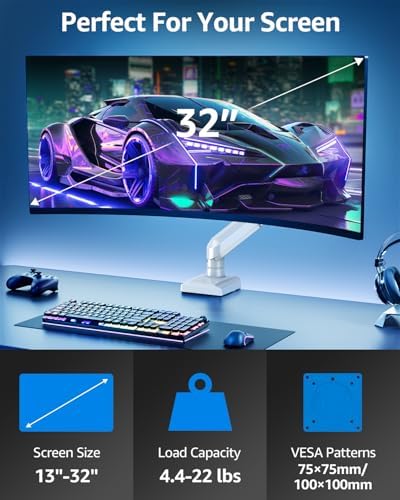 Single Monitor Mount for 32 27 24 22 inch Screen, Monitor Arm Holds 4.4-22 lbs, Monitor Desk Mount, Gaming & Home Office Use, VESA 75x75mm & 100x100mm, Pro White