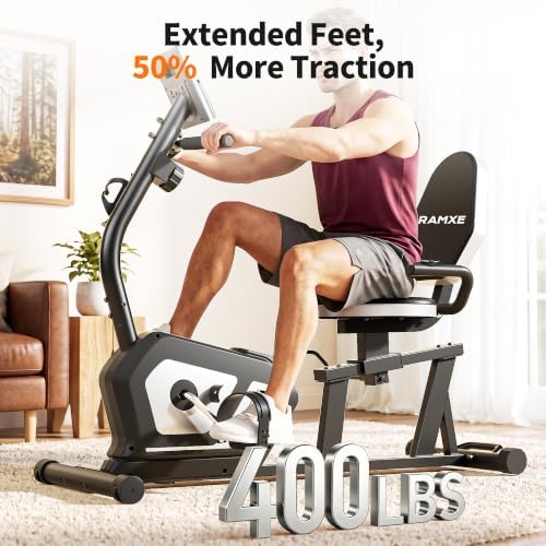 RAMXE Exercise Bikes for Home，Quiet Recumbent Stationary Bikes for Adults & Seniors, 16-Level Resistance Silent,Supports 400LB,Equipped With a Heart Rate Sensor, an LCD Display, and a Bluetooth App