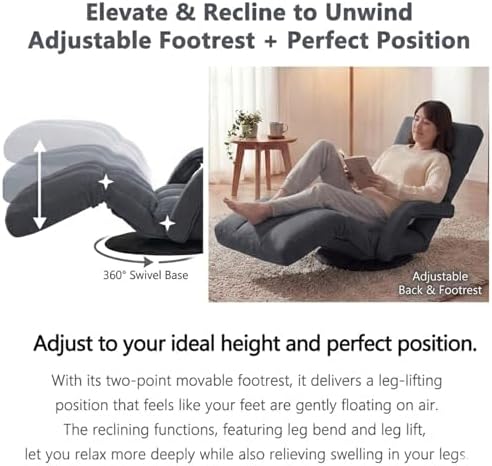 360° Swivel Floor Gaming Chair with Adjustable Footrest, 14-Position Folding Floor Lounger Sofa with Armrests, Reclining Floor Chair for Adults, Reading, Gaming & Relaxing (Grey)