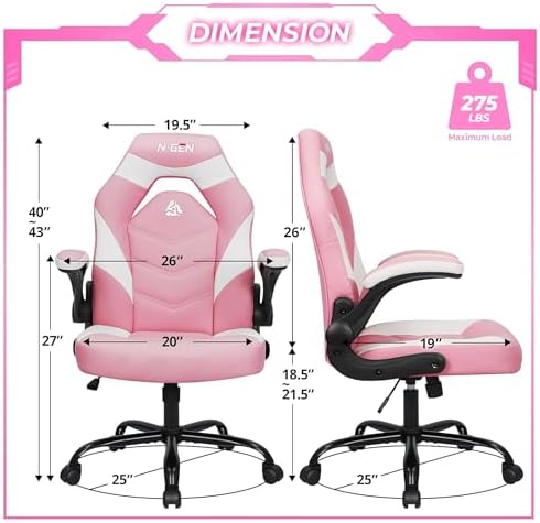 N-GEN GAMING Video Gaming Chair Ergonomic Office Desk Chair with Lumbar Support Adjustable Height Padded Flip Up Arms and Swivel Wheels Racing Style Design for Adults with PU Leather (Pink)