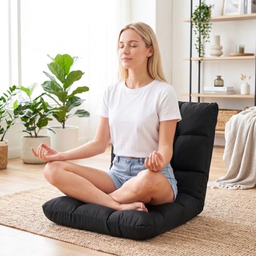 Giantex Adjustable Floor Gaming Sofa Chair 14-Position Cushioned Folding Lazy Recliner High Resilience Sponge, Breathable Cotton & Linen Fabric Sleeper Bed Couch Recliner (Black)