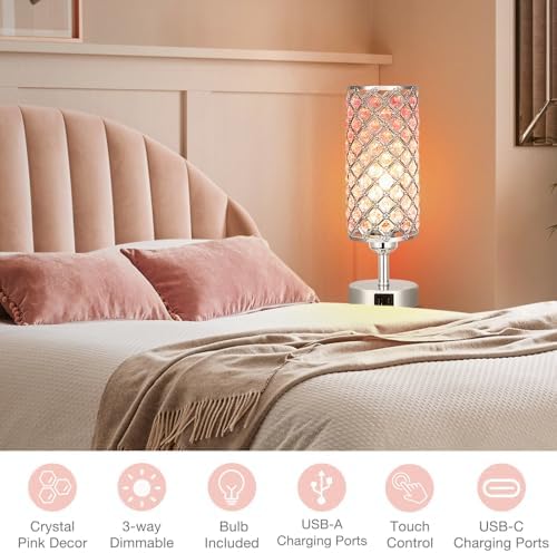 Hong-in Pink Crystal Touch Lamp with USB C+A, 3-Way Dimmable Bedside Lamp