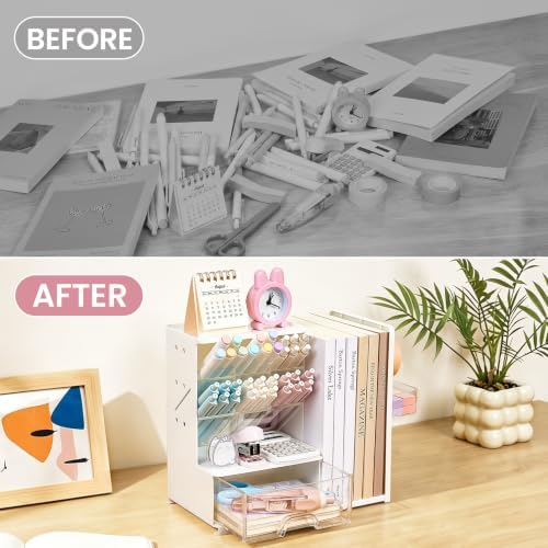 Sooez Desk Organizer with Bookends, Pegboard & Drawer, Pen & Pencil Holder