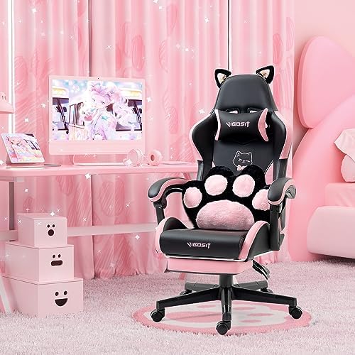 VlGOSlT Cat Ear Gaming Chair with Footrest - Adjustable Lumbar Support, 310lbs Capacity.Removable Cute Ears, Cotton-Filled Ergonomic Computer Chair for Girls/Teens (Black)