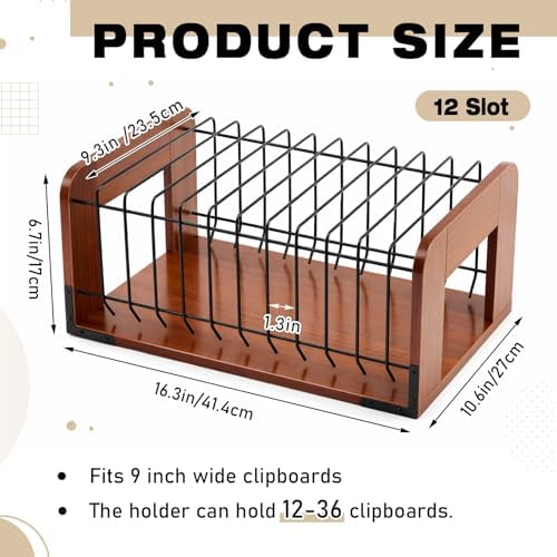 1 Pcs Vertical Clipboard Holder, 12Slot Clipboard Storage Rack, Walnut
