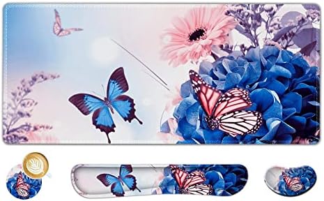 AIMSA Large Gaming Mouse Pad Set, Keyboard Wrist Rest Support Mouse Pad, Ergonomic Memory Foam Multifunctional Extended Desk Mat 35x15.7in Anti-Slip Rubber Base for Office Home, Butterfly Flower