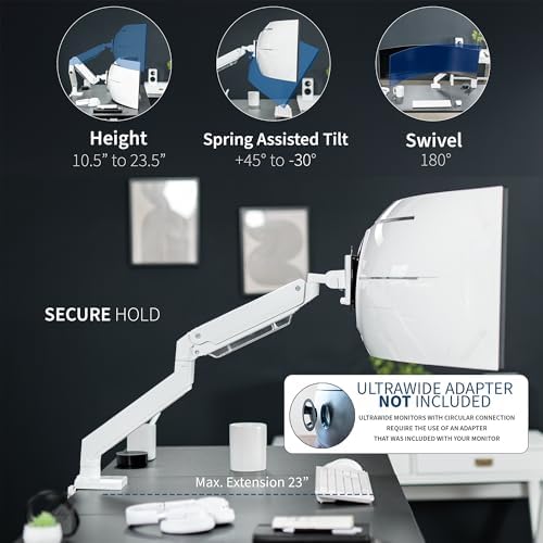 VIVO Premium Aluminum Heavy Duty Monitor Arm for Ultrawide Monitors up to 49 inches and 33 lbs, Single Desk Mount Stand, Pneumatic Height, Max VESA 100x100, White, STAND-V101G1W