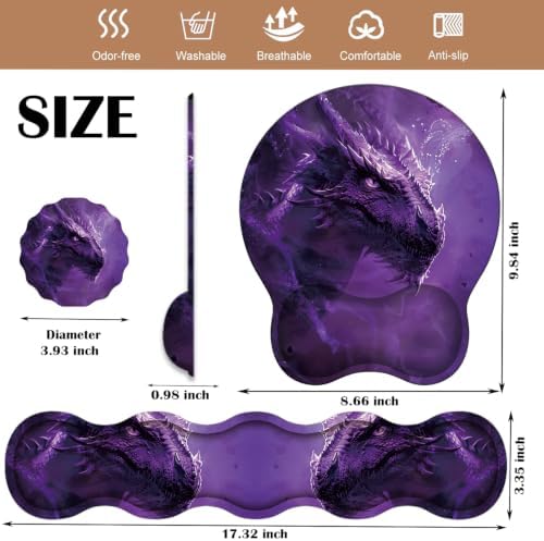 Ergonomic Keyboard Wrist Rest & Mouse Wrist Support Set with Lace Coaster, Gel Memory Foam Anti-Slip Base, Pain Relief for Typing, Purple Dragon