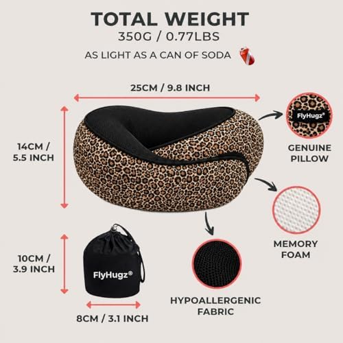 FlyHugz® Neck Travel Pillow Memory Foam Neck Pillow, Leopard Print
