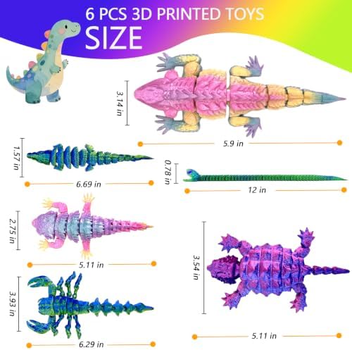 6pcs 3D Printed Toy Snake Flexible，Articulated Fidget Toys,Large，3D Printed Animals,Desk Executive Toy，Easter Eggs Basket Stuffers,Toys for Boys Kids Teen Girl 5-7 4-6 8-12