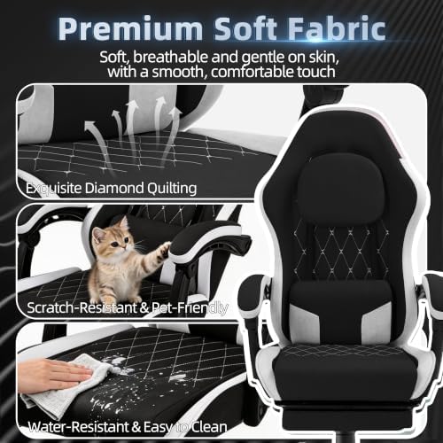 Gaming Chair for Adults, Fabric Gaming Chair with Footrest and Pocket Spring Cushion, Ergonomic Gamer Chair with Lumbar Support, Reclining Computer Gaming Chair with High Back (Black)
