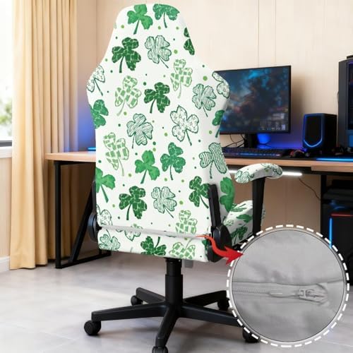 Shamrock Spot Print Gaming Chair Cover with Armrest Covers Washable Non Slip Furniture Protector Stretch Breathable Computer Chair Slipcover