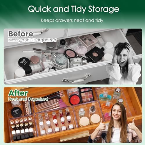 Criusia Drawer Organizer Set, Acrylic Non Slip Non Cracking Kitchen Drawer Storage Tray Large Size Divider, Multifunctional Storage for Cosmetics, Bathroom, Tools, Kitchen and Office (8 PACK)