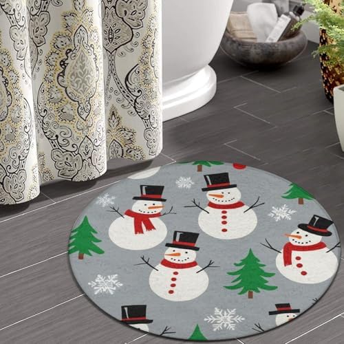 Fashion Round Area Rug Large Non Slip Carpet Unisex Home Decor Mat Snowman and Snowflake Pattern