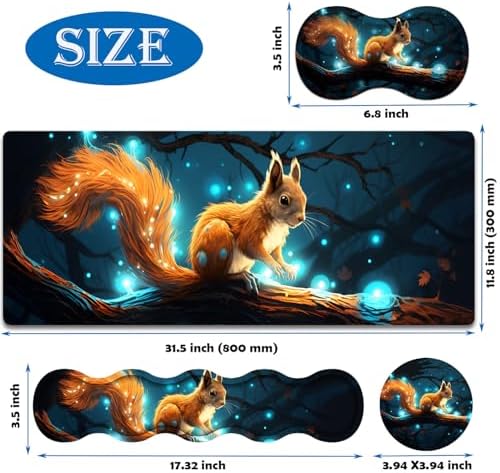 4 in 1 Mouse Pad Combo, Large Gaming Mouse Pad + Keyboard Wrist Support + Mouse Wrist Rest + Coaster, Table Pad 31.5 "x 11.8" with Memory Foam Ergonomic Wrist Pad Set, Glowing Squirrel