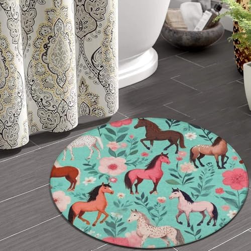 Fashion Round Area Rug Large Non Slip Carpet Unisex Home Decor Mat Floral Flowers Horses