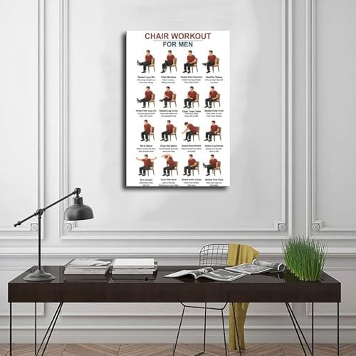 Tai Chi Chair Workouts for Men Chair Exercise Chart Home Workout Plan Canvas Poster Wall Art for Living Room Bedroom Decor Frame 20x30inch