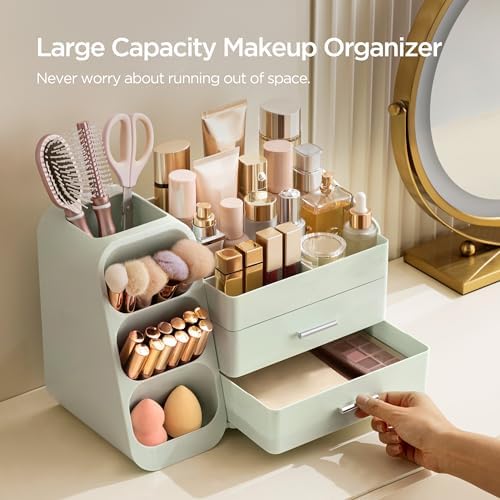 HBlife Makeup Organizer with Brush Holder for Vanity, Large Plastic Bathroom Countertop Organizer Skin Care Storage, Easy to Store Lipsticks, Nail Polishes, Perfumes, Eyeshadow Palettes, All Green