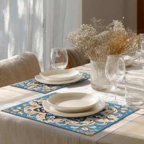Shrahala Floral Intricate Placemats, Beautifully Detailed Flower Table Mat Linen Burlap Washable Double-Deck Heat Insulation for Dining/Kitchen Table Set of 8 (12 X 18 Inch)
