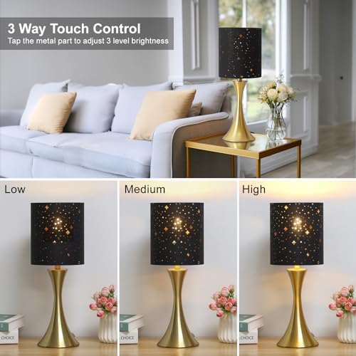 Touch Table Lamp,3 Way Dimmable Gold Bedside Lamp with Black Star Shade